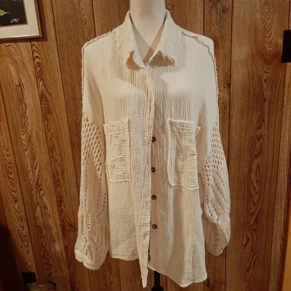 POL Tops - POL Cream Gauze/Crochet Oversized Shirt/Shacket (Large)